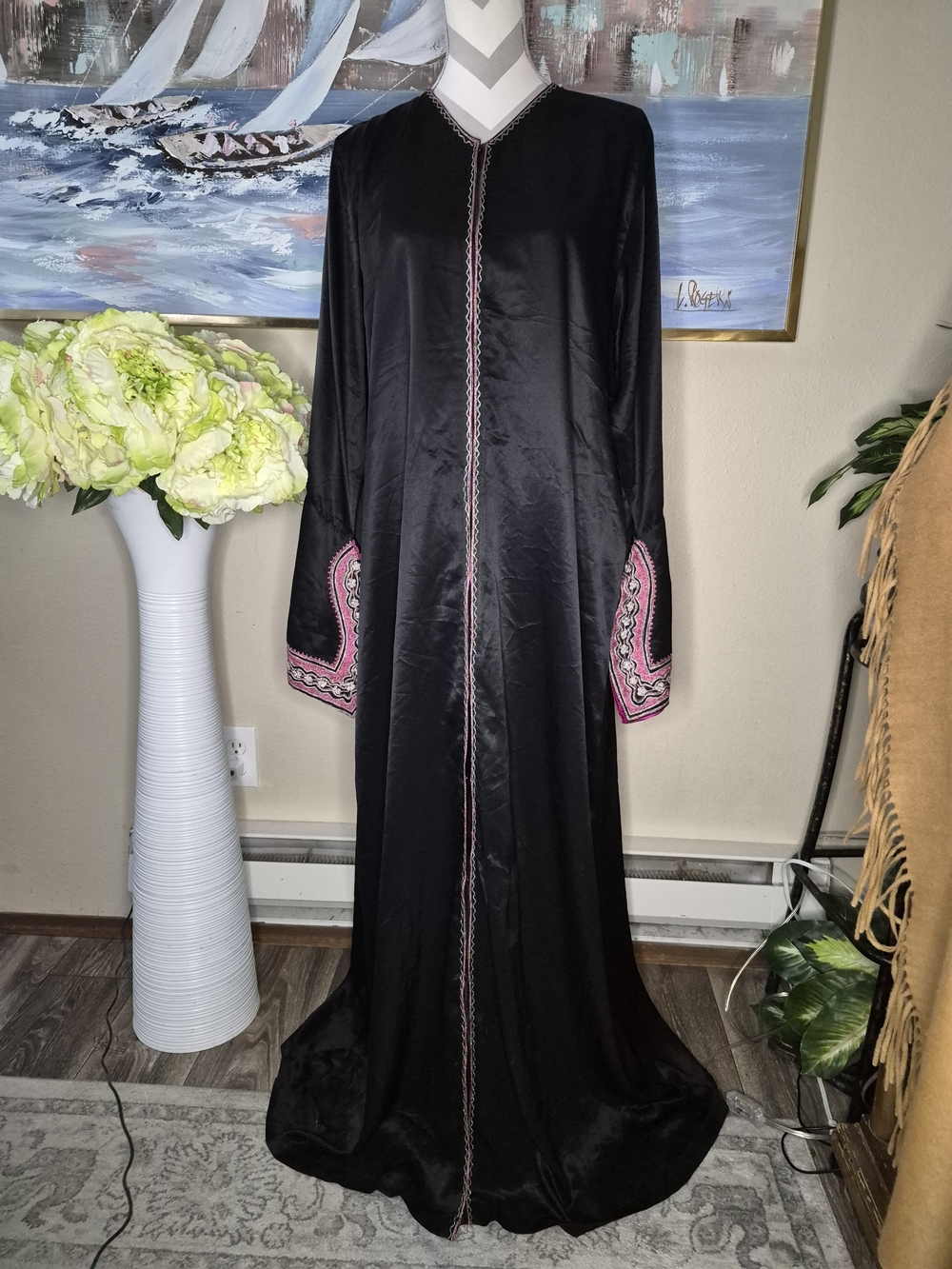 Black Embroidered Long Women's Dress with Pink Accents Made In Kuwait